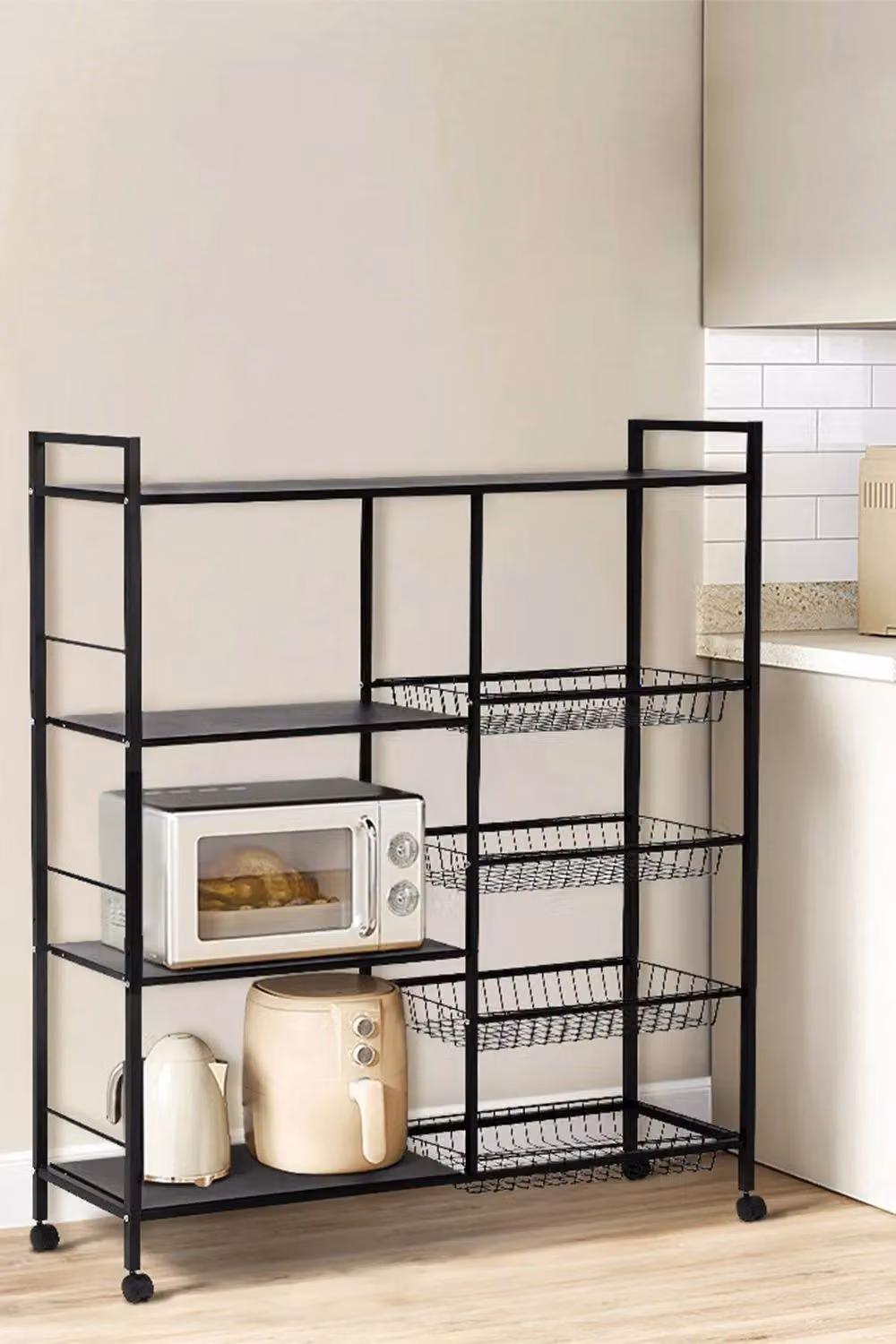 H&O Direct Black Metal Freestanding Kitchen Microwave and Vegetable Storage Cart – 4