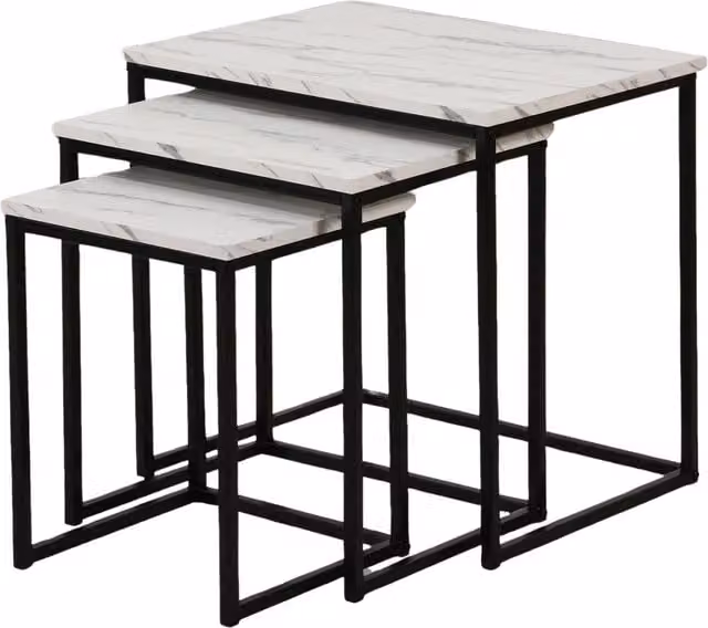 Pirlo Plush Set of 3 Nesting Tables with Black and White Abstract Marble Effect Square Tops and Metal Legs
