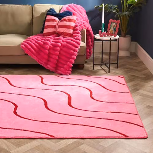 OHS Wave Tufted Rectangular Area Rug in Pink and Red, W: 80 cm, L: 150 cm