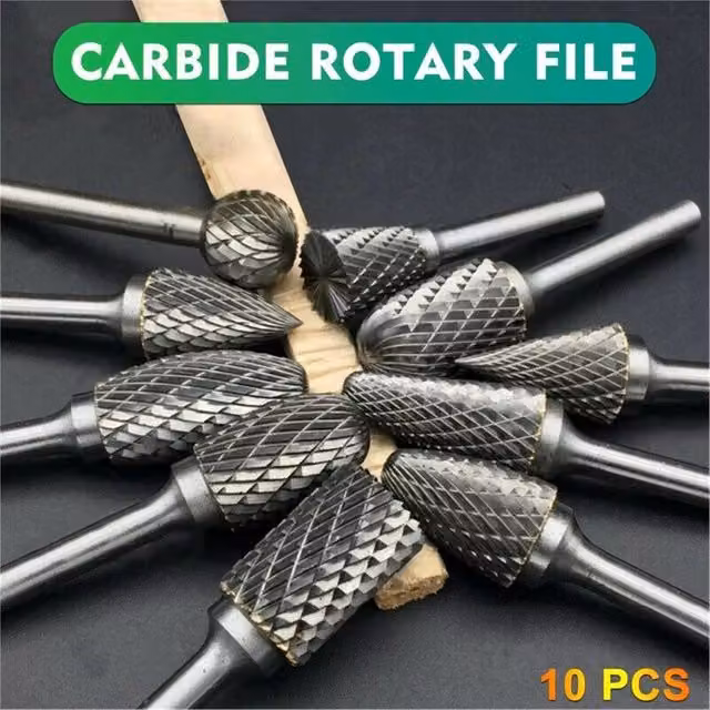Nordara 10-Piece Double Cut Tungsten Carbide Rotary Burrs in Silver, 3 x 6 mm