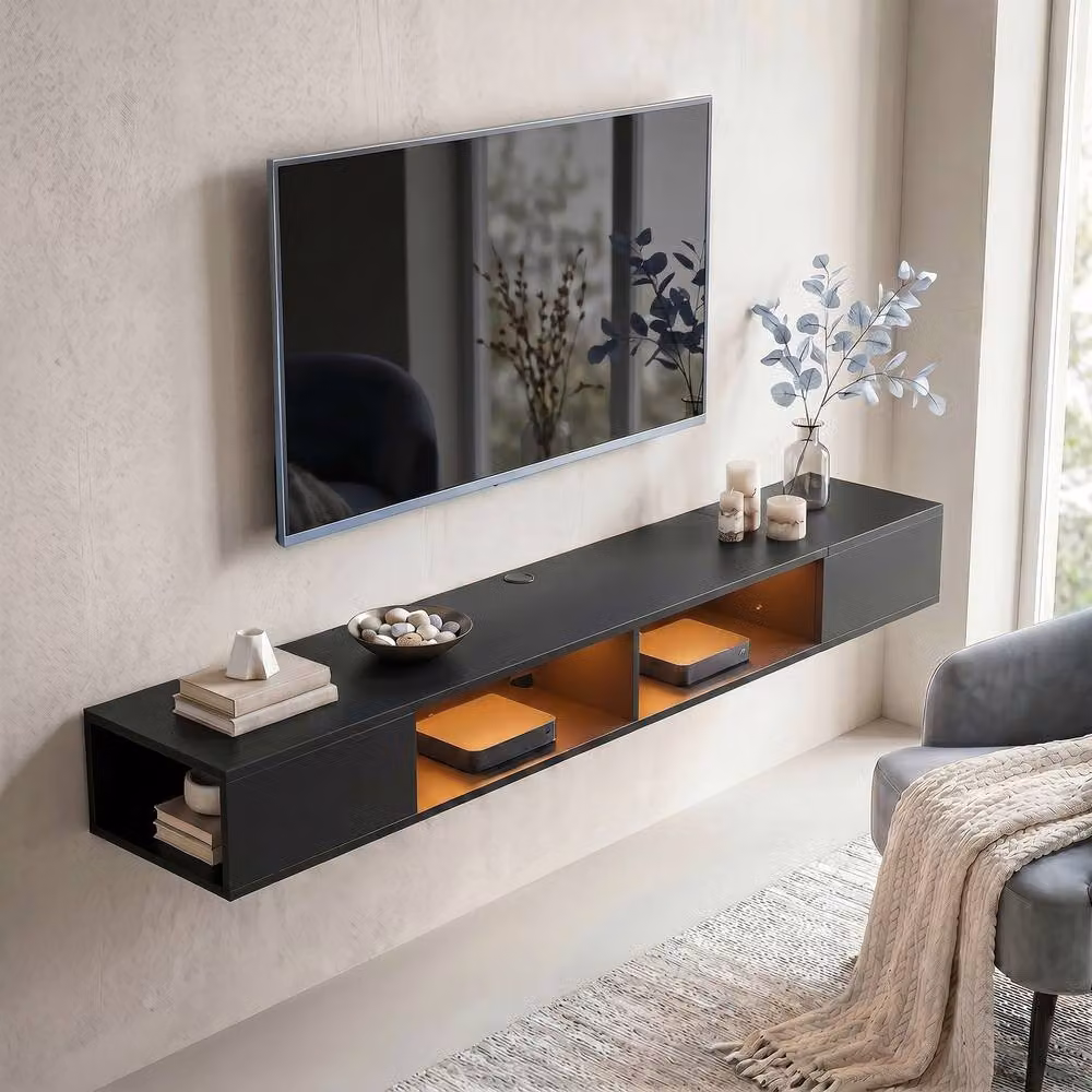 STILVORA Modern Wall Mounted TV Stand with RGB LED Lights in Matt Black – 6