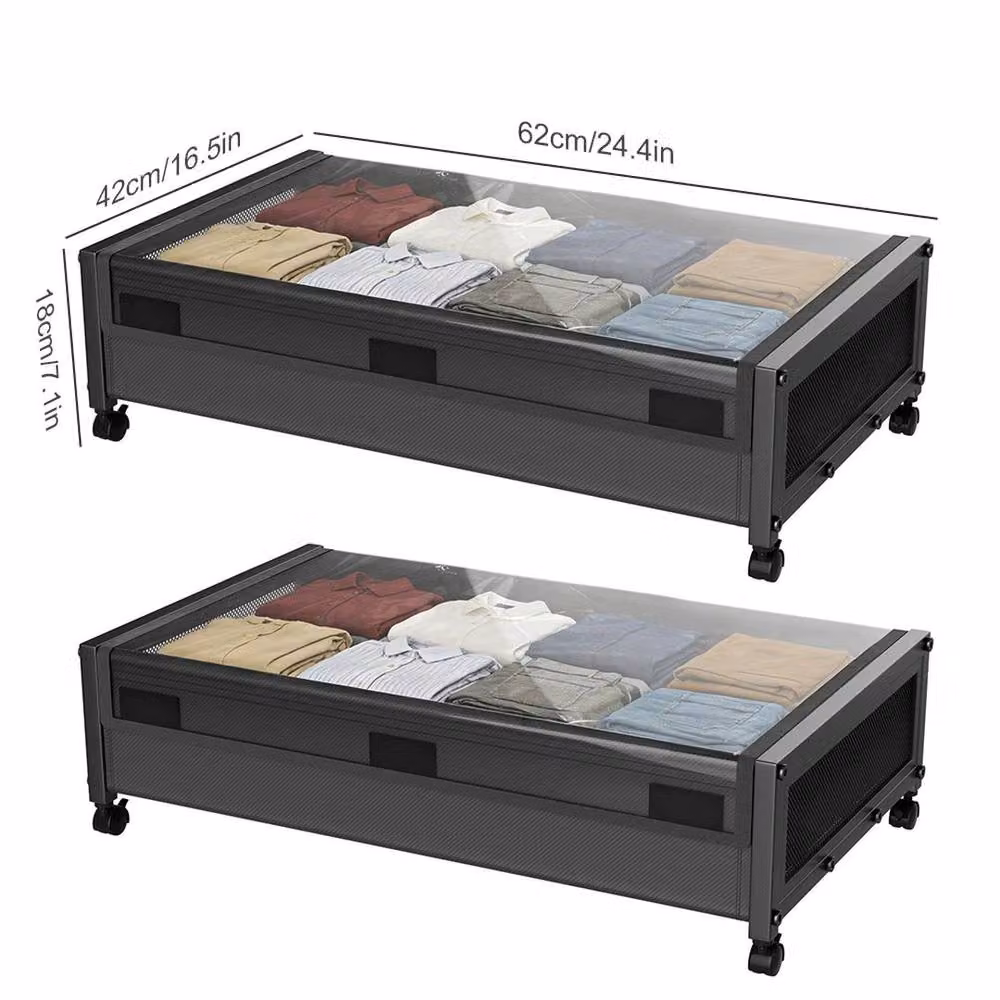 EONLION Set of 2 Black Mesh Underbed Storage Boxes with Lids and Wheels – 2