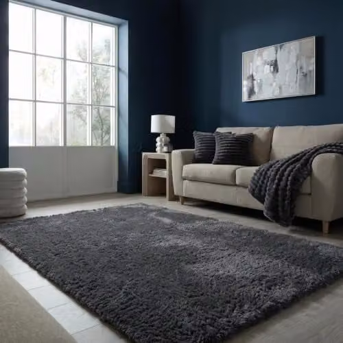 Sienna Fluffy Shaggy Rectangular Rug in Anthracite Grey, W: 80 cm, L: 150 cm