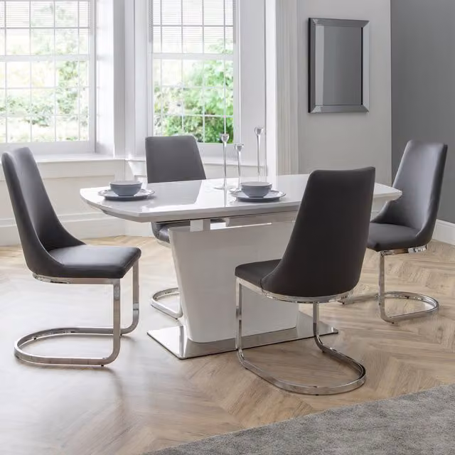 Julian Bowen Como White High Gloss Extendable Rectangular Dining Table and 4 Grey Chairs Set