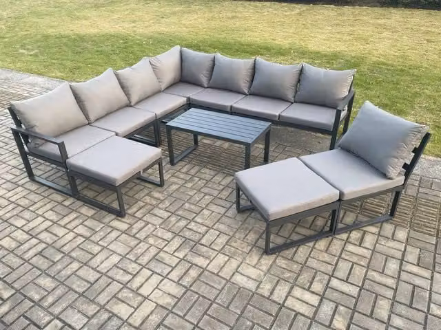 Fimous 10 Seater Aluminium Outdoor Garden Furniture Set in Dark Grey with L-Shape Corner Sofa, Oblong Coffee Table and 2 Ottomans