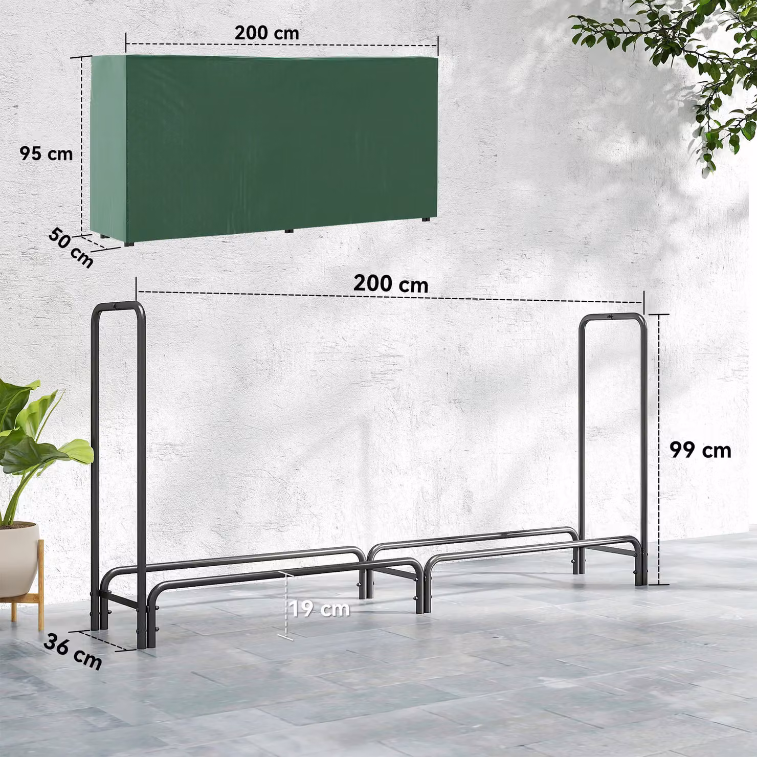 OUTSUNNY Metal Firewood Rack and Log Holder in Dark Green, W/D/H: 200 x 36 x 99 cm – 2