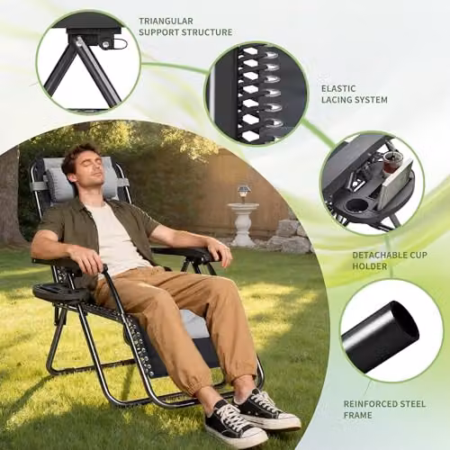 MCC Direct Set of 2 Zero Gravity Reclining Sun Lounger Chairs in Black and Grey Oxford Fabric – 4