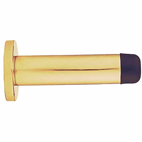 Loops Rubber Tipped Cylinder Doorstop with Rose, Wall Mounted, Polished Brass, 83mm
