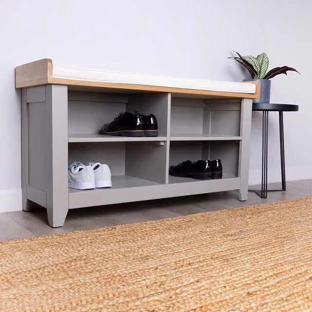 Charles Bentley Charnwood Hallway Bench and Shoe Rack in Grey and Brown Oak Wood