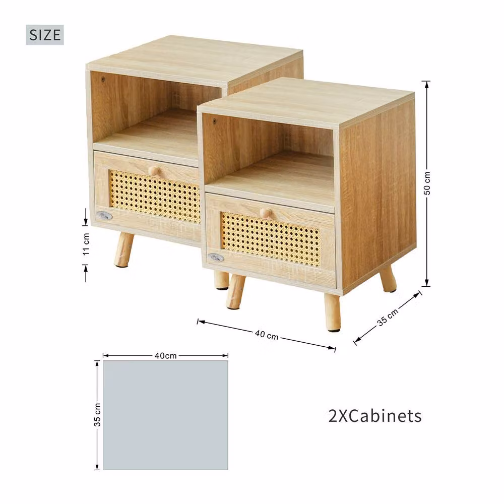 Abrihome Set of 2 Rattan Nightstand Cabinets with Storage Shelves in Sand Beige – 4