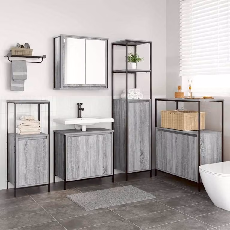 Berkfield Home 5-Piece Modern Grey Bathroom Furniture Set with Vanity Unit, Tall Cabinet and Wall Cabinet