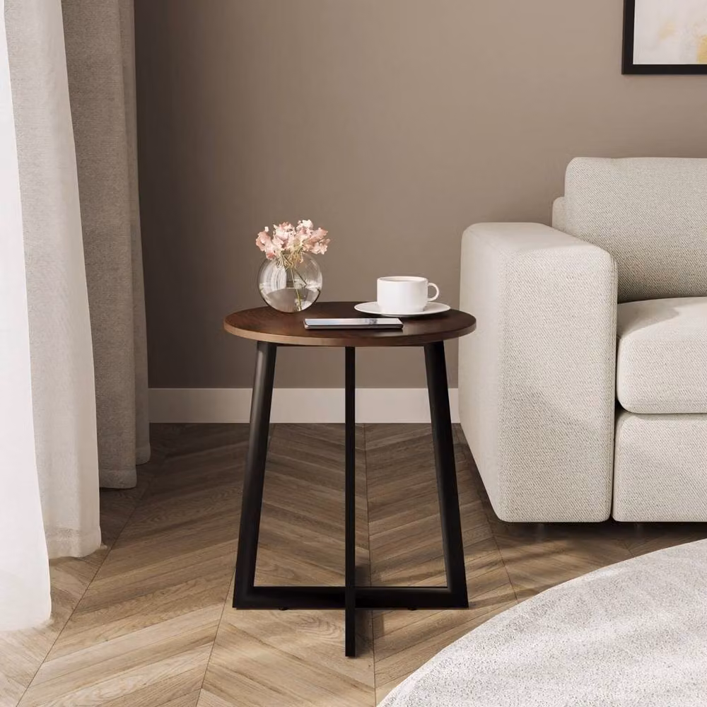 Havendro Round Dark Walnut Look Coffee Table with Steel Frame in Brown, W/D/H: 50 x 40 x 40 cm – 3