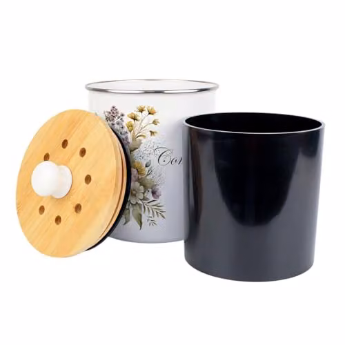 Purely Home Flower Bouquet Compost Caddy - Green and White Metal Kitchen Food Waste Bin with Removable Inner Bucket and Odour Filter, 2 L – 3