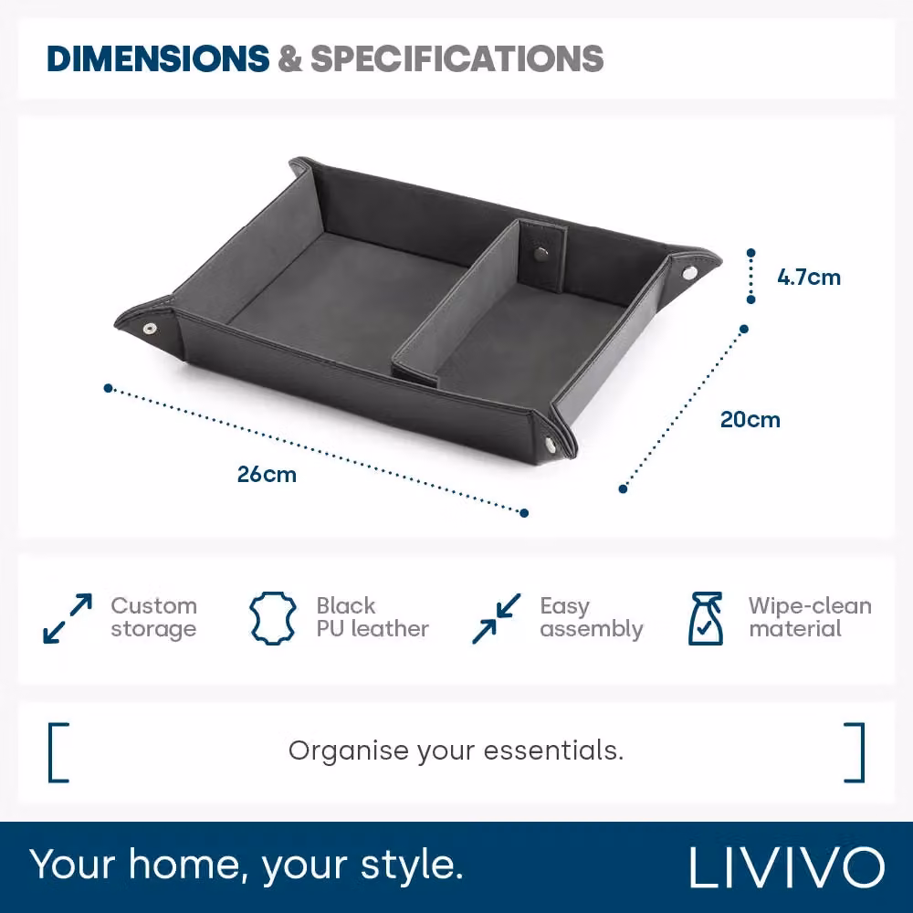 LIVIVO Foldable Leather Look Valet Tray Organiser in Black with Grey Divider – 8