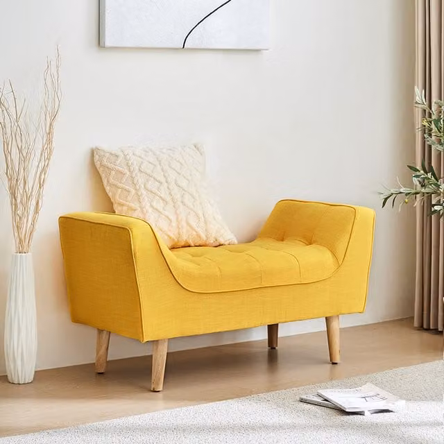 Livingandhome Mid-Century Yellow Chenille Upholstered Bench Stool with Wood Legs