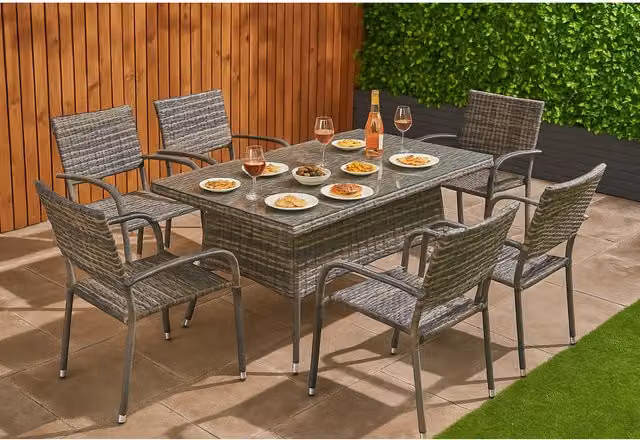 Home Treats 6 Seater Grey Polyrattan Outdoor Garden Furniture Set with Rectangular Table and Chairs