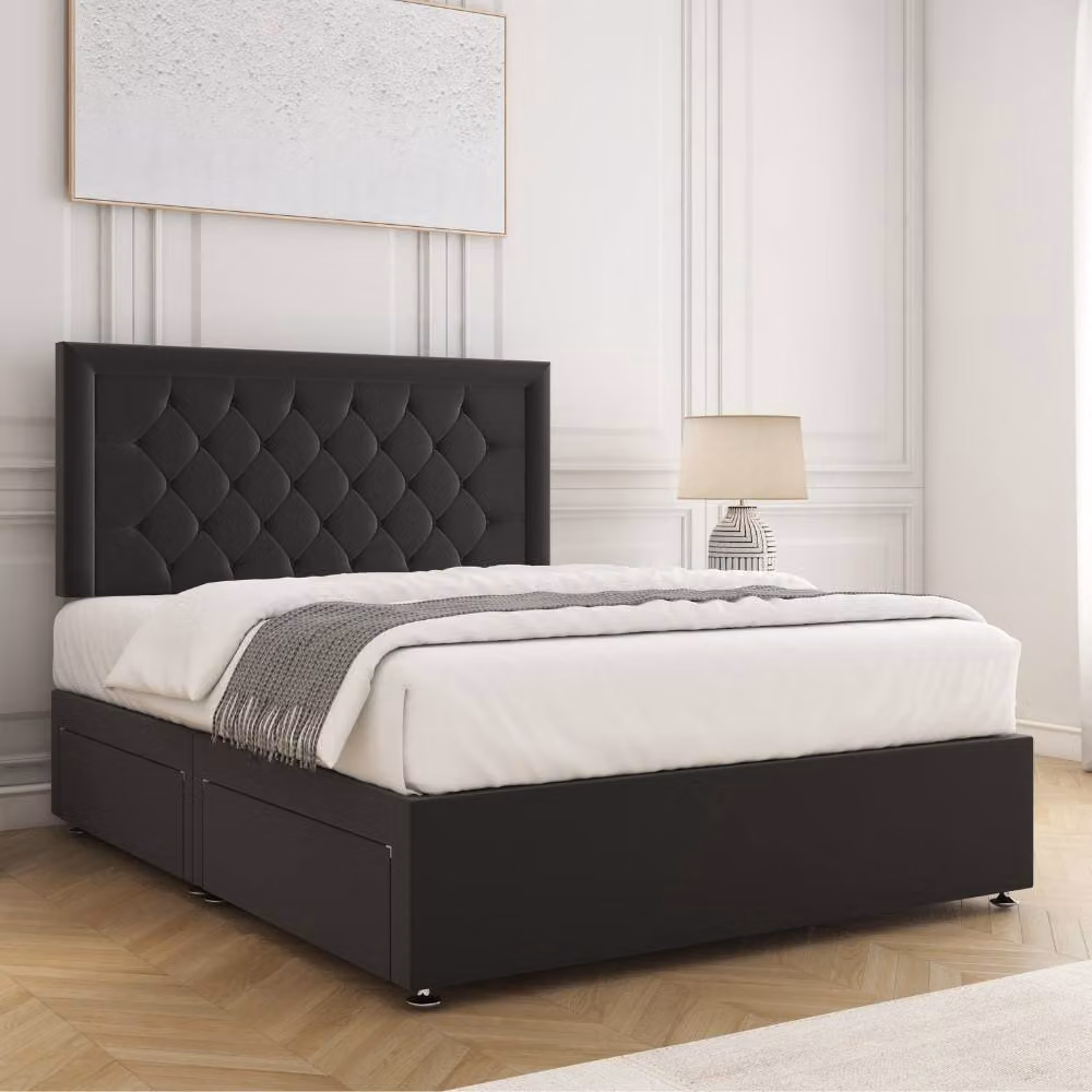 BSSPOKE Nova Plush Velvet Divan Bed Set with 24 inch Headboard and Mattress in Black, Single, W/D/H: 90 x 200 cm – 2