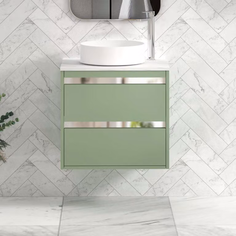 Royal Bathrooms Orion 600mm Mint Sage Wall Hung Countertop Vanity Unit with 2 Drawers, Art Basin and Chrome Accent Trim