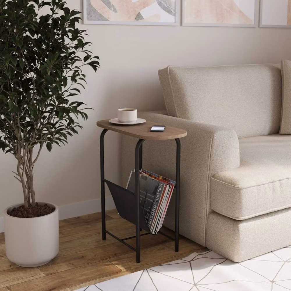 EONLION Slim Oval Side End Table with Magazine Holder Sling Rack in Light Oak – 2