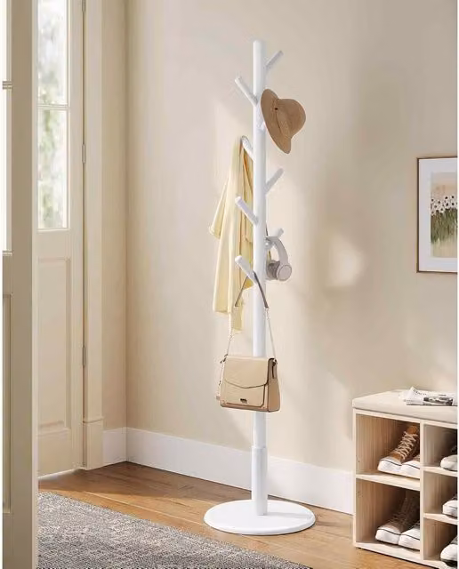 The Bazaarist Solid Wood Coat Rack Stand with 8 Hooks, Freestanding Hall Tree, White, W/D/H: 40.0 x 40.0 x 171.8 cm