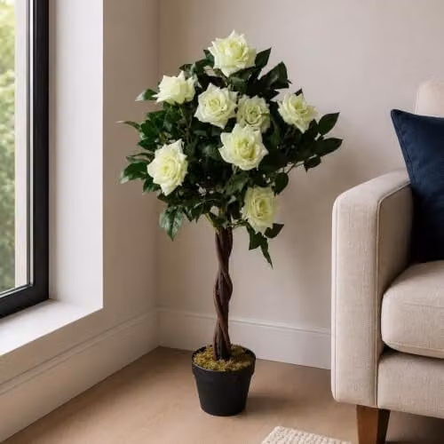 Artificial Cream Rose Tree with Twisted Vine Detail in White and Beige, Height: 90 cm – 6