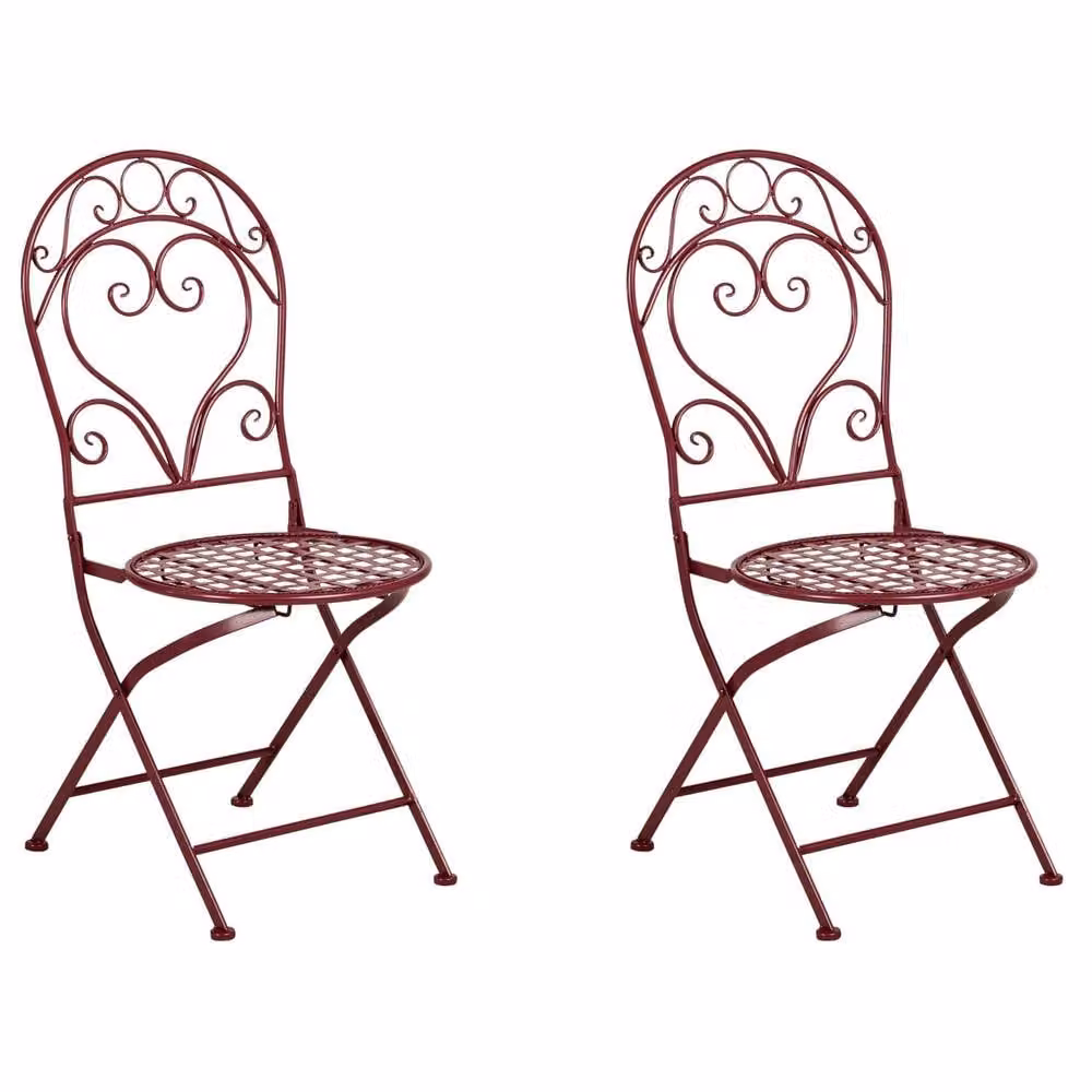 Wyld and Coco Set of 2 Burgundy Powder Coated Steel Outdoor Chairs with Antique Scrollwork Design