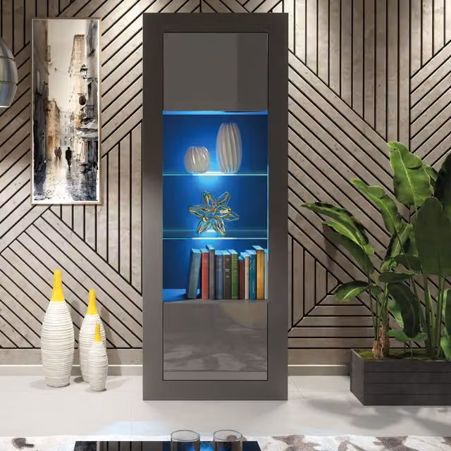Mex Furniture LTD Modern Glossy Display Cabinet with LED Lighting and Glass Doors in Dark Grey, Height: 170 cm