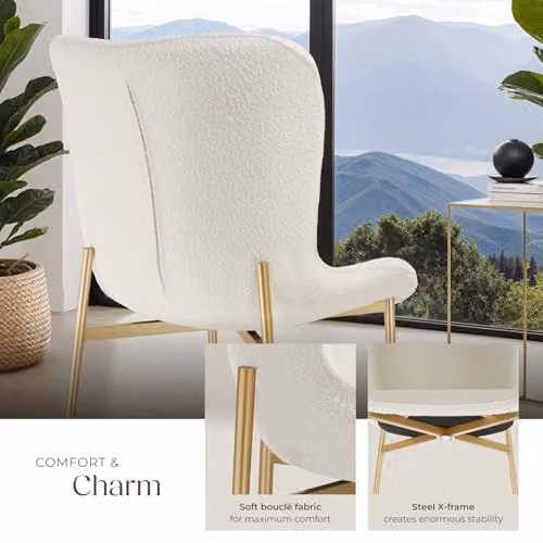 tectake Set of 2 Tessa Dining Chairs in White Bouclé with Gold Metal Legs – 3