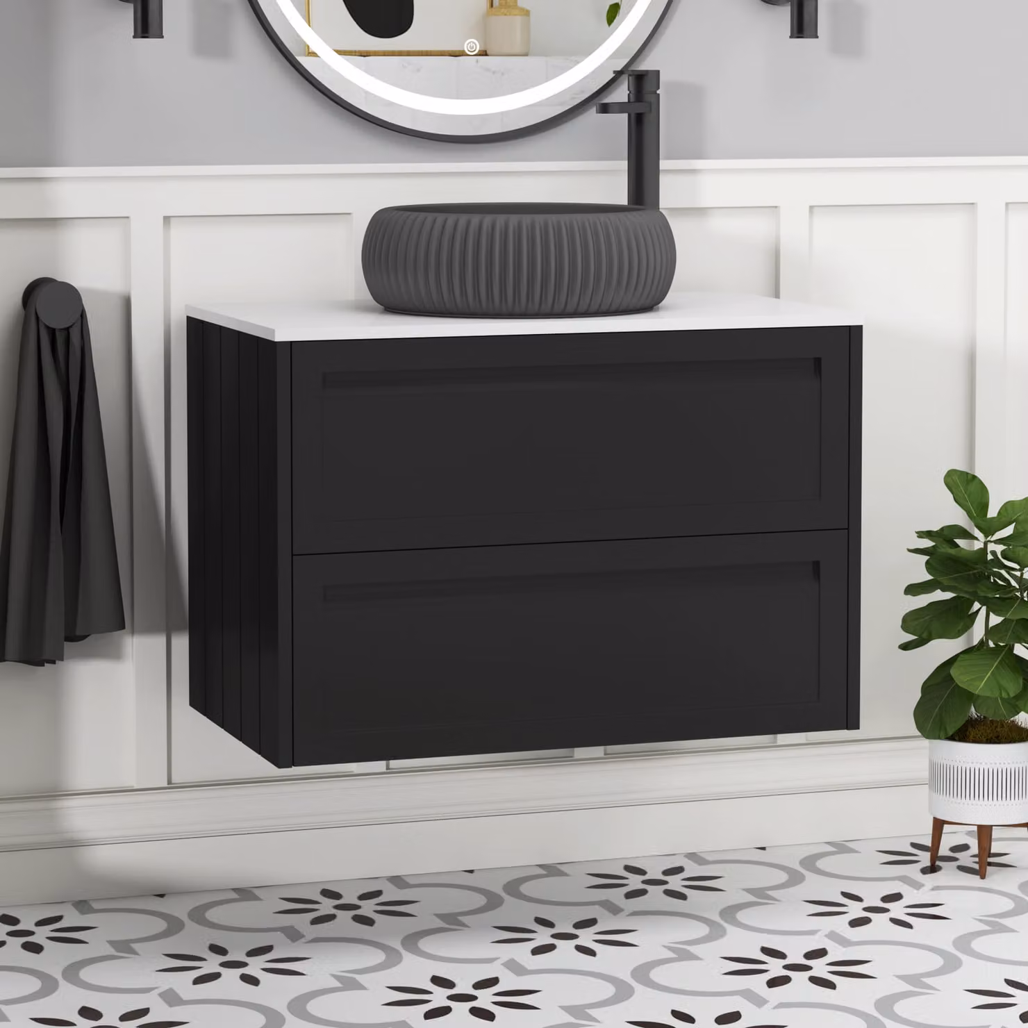 Royal Bathrooms Elmore Wall Hung Vanity Unit with 2 Drawers, Matt Nocturne Black and Plain White Worktop, 800mm Width