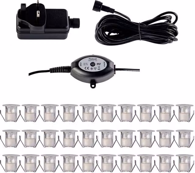 First Choice Lighting Set of 30 Warm White LED Decking Kit with Photocell, 30mm, Silver