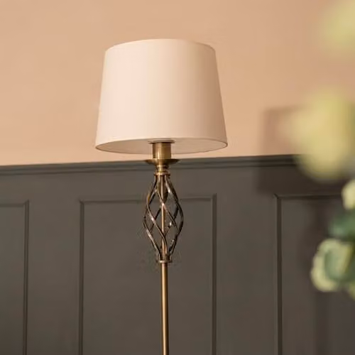ValueLights Traditional Antique Brass Standing Floor Lamp with White Fabric Lampshade and Included LED Bulb – 3