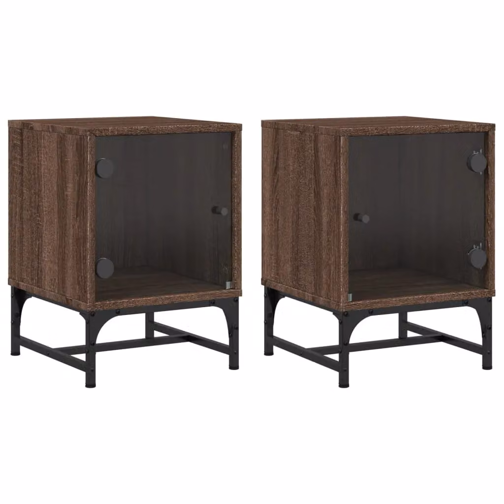 Berkfield Home Bedside Cabinets with Glass Doors, 2 Pack, Brown Oak, W/D/H: 35 x 37 x 50 cm – 1