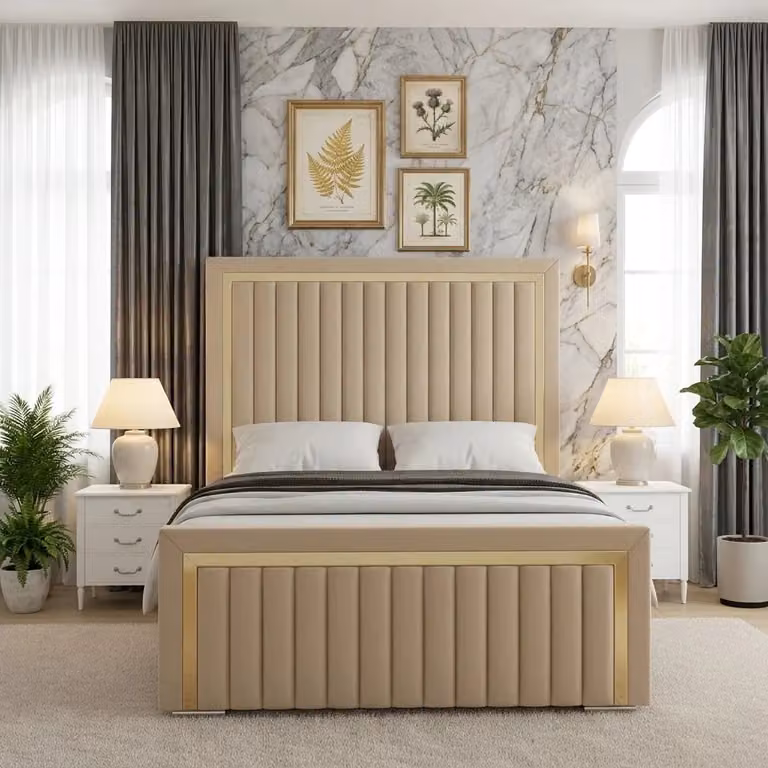 Isabel Upholstered Bed Frame by Beds NK Ltd in Beige and Gold Fabric