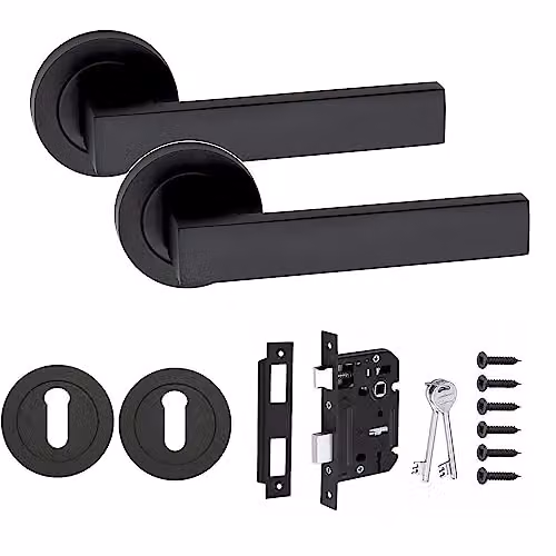 Golden Grace Delta Door Handle Set with 64mm Round Rose Lock in Matt Black – 1