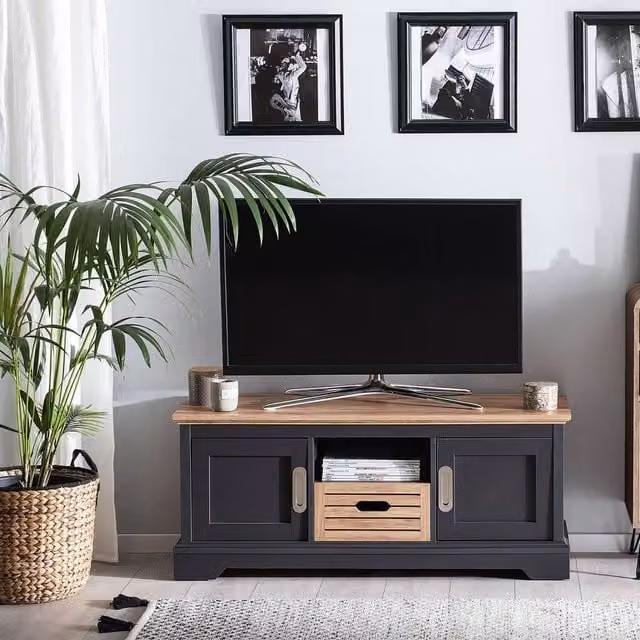 Wyld and Coco Grey Retro TV Stand for TVs up to 52 Inch with 2 Cabinets and 1 Drawer – 1