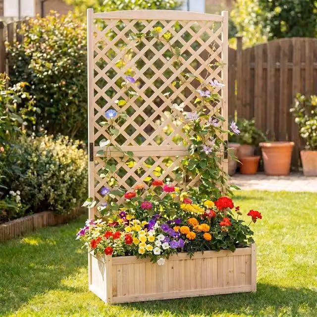 Gymax Wooden Raised Planter Box with Trellis Garden Bed and Privacy Screen, Brown