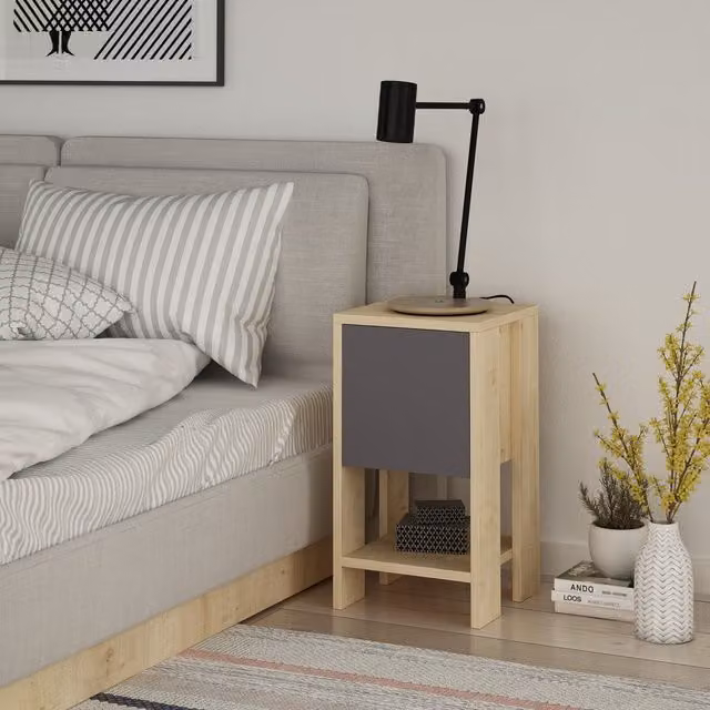 Decortie Ema Contemporary Bedside Table in Brown and Yellow, W/D/H: 54.8 x 30.0 x 30.0 cm