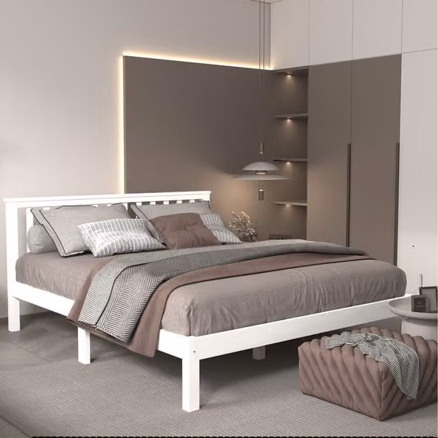 HMD Furniture Solid Wood King Bed Frame in White Lacquered Pine, 180 x 200 cm