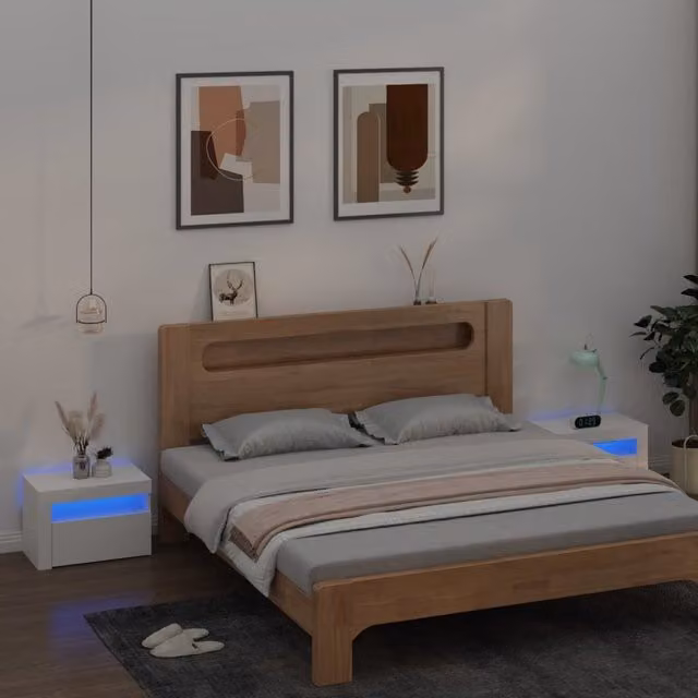Berkfield Home Set of 2 Modern White Bedside Cabinets with Integrated LED Lighting W/D/H: 60 x 35 x 40 cm – 1