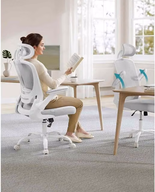 The Bazaarist Ergonomic Mesh Office Chair with Headrest and Folding Arms in Dove Grey