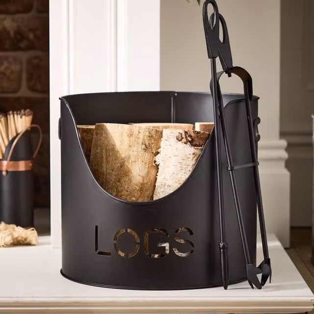 Dibor Country Fireside Log Storage and Kindling Bucket with Poker and Tongs in Black