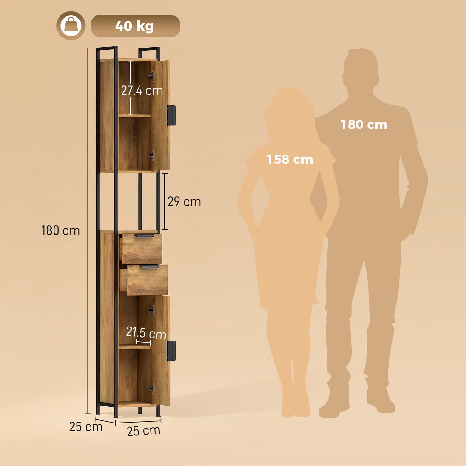 HOMCOM Freestanding Brown and Black Industrial Bathroom Storage Cabinet with Soft-Close Doors, Internal Drawers and Shelves, H 180 x W 25 x D 25 cm – 3