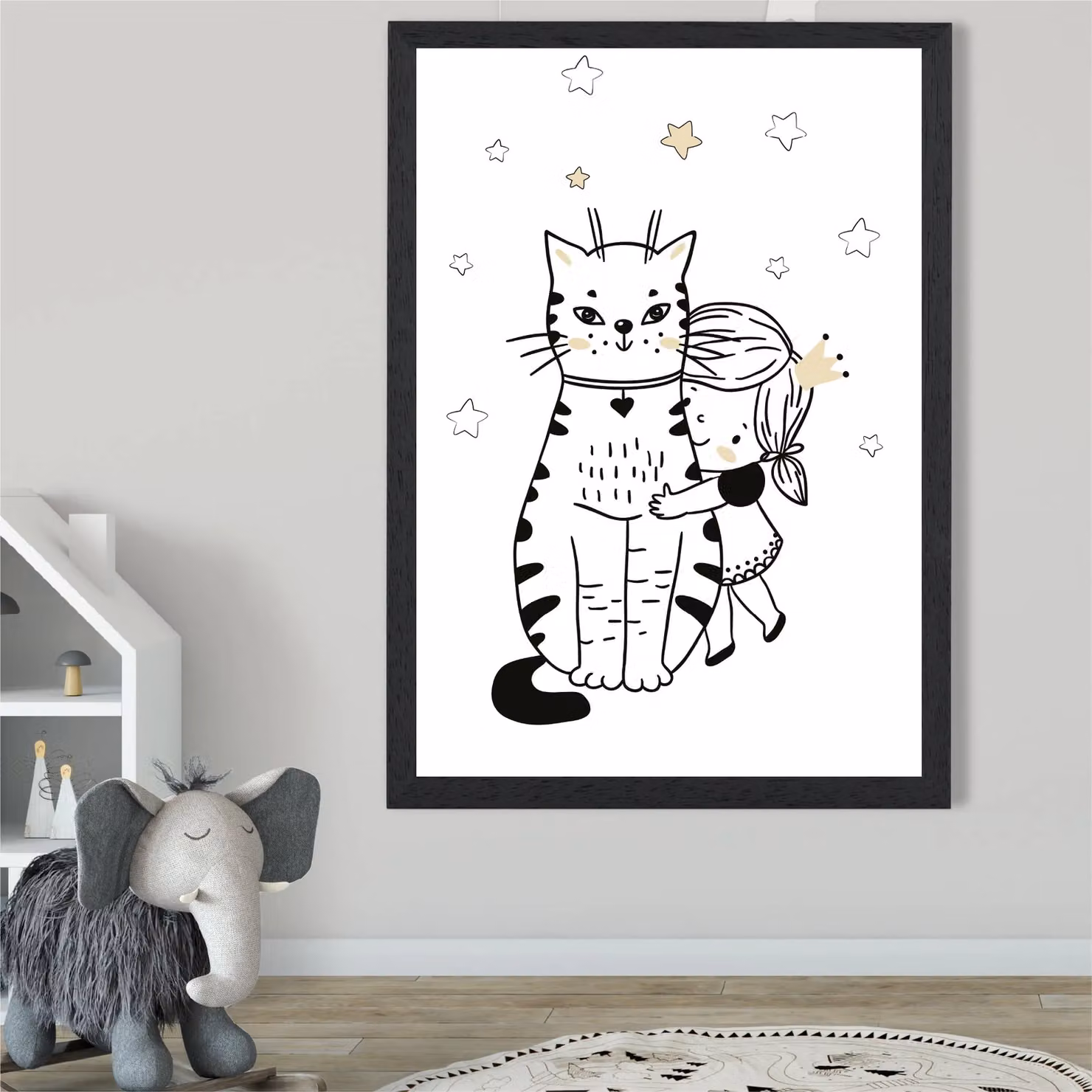 ARTZE Scandi Princess Little Hugging Cat Framed Print, Black Frame, A4 – 2