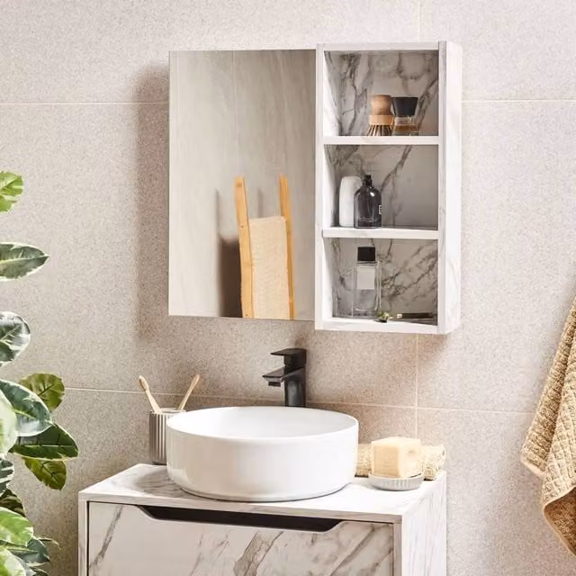 Wyld and Coco White Marble-Effect Wall Mounted Bathroom Cabinet with Glass Mirror Doors, W: 60.0 cm, D: 14.0 cm, H: 54.0 cm