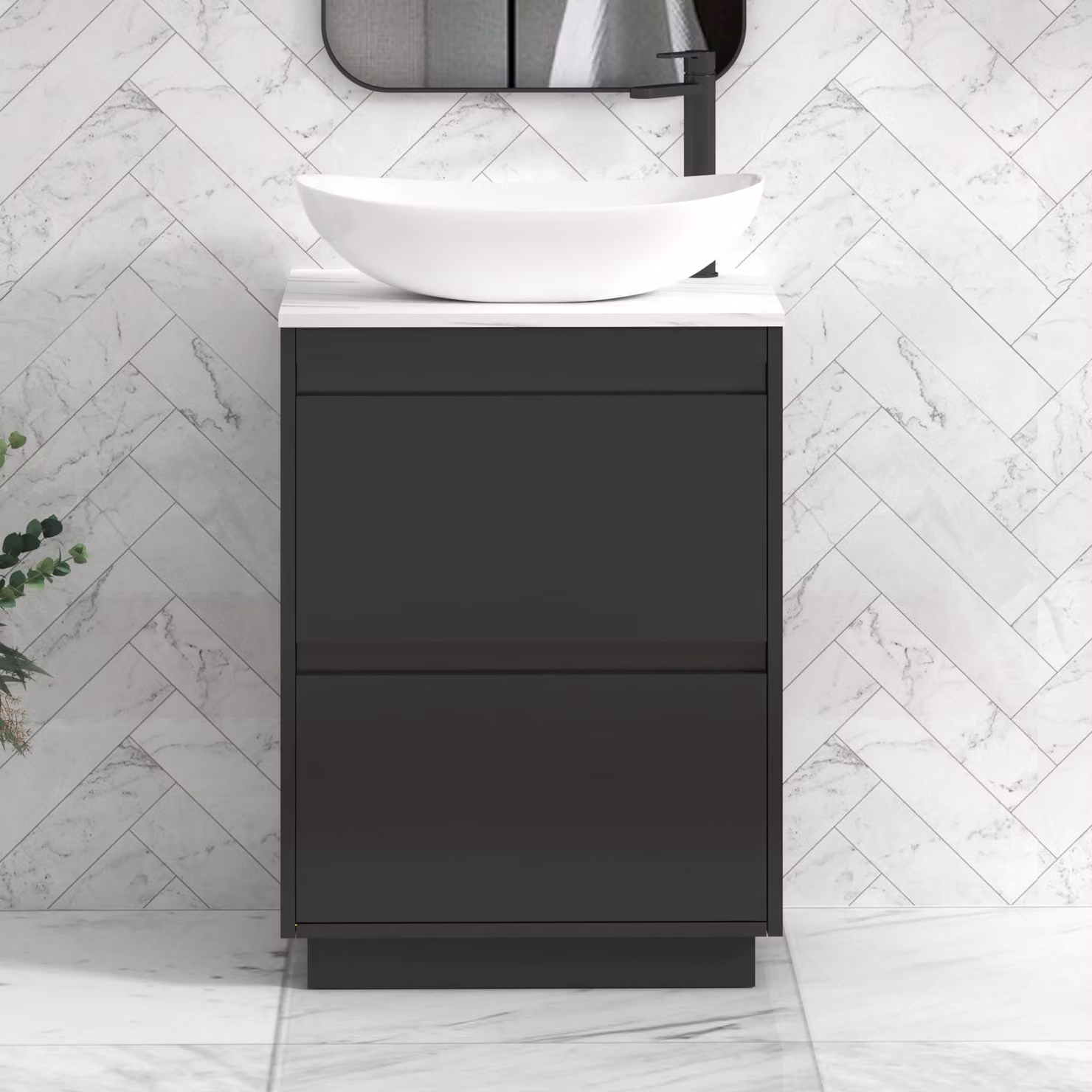 Royal Bathrooms Orion 600mm Matt Obsidian Black Floor Standing 2 Drawer Vanity Unit with Cesar Basin and Black Accent Trim