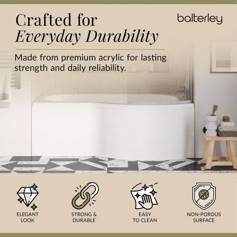 Balterley P Shape Right Hand Shower Bath Set with Apron and Screen in White