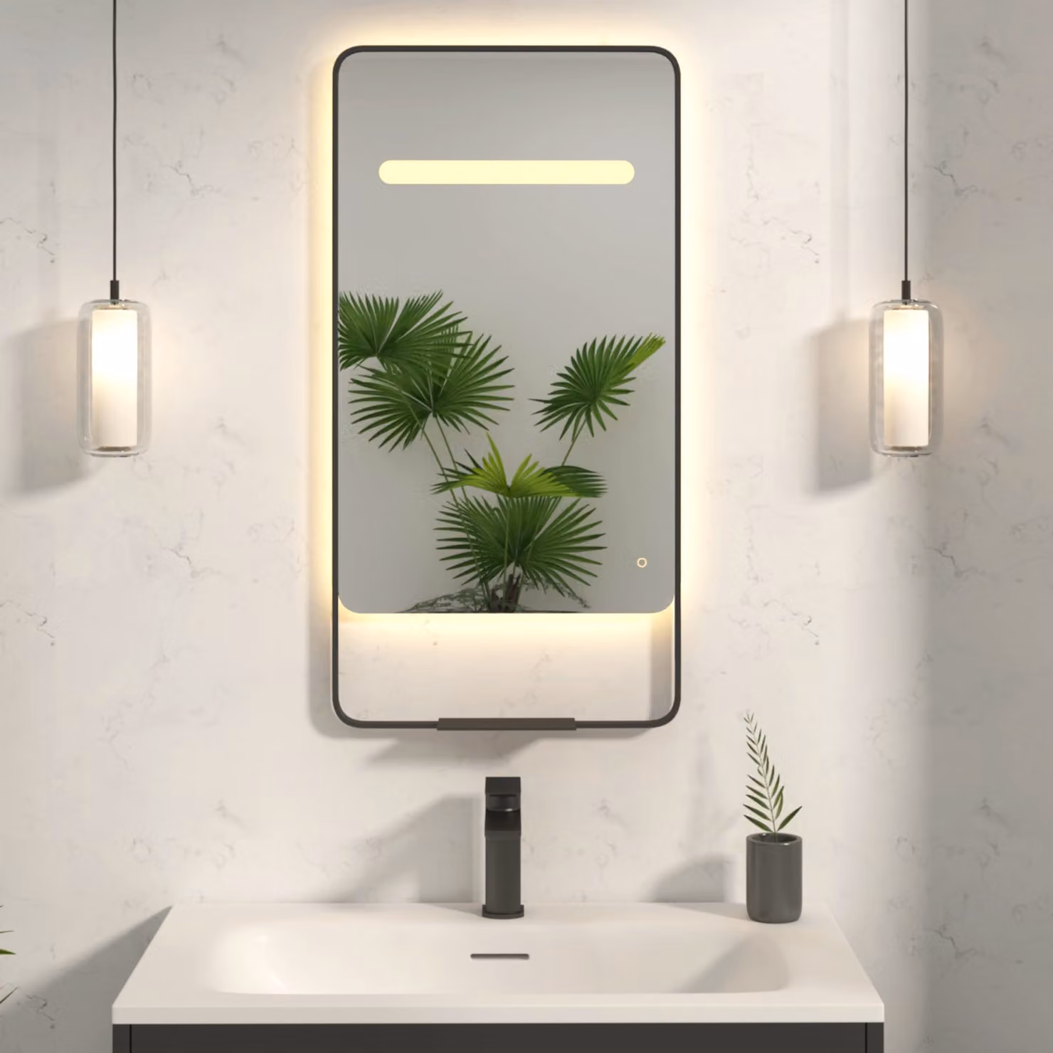 Royal Bathrooms Verona LED Framed Mirror in Matt Black, W: 90.0 cm, D: 46.0 cm, with Integrated Light Bar, Demister Pad and Touch Sensor