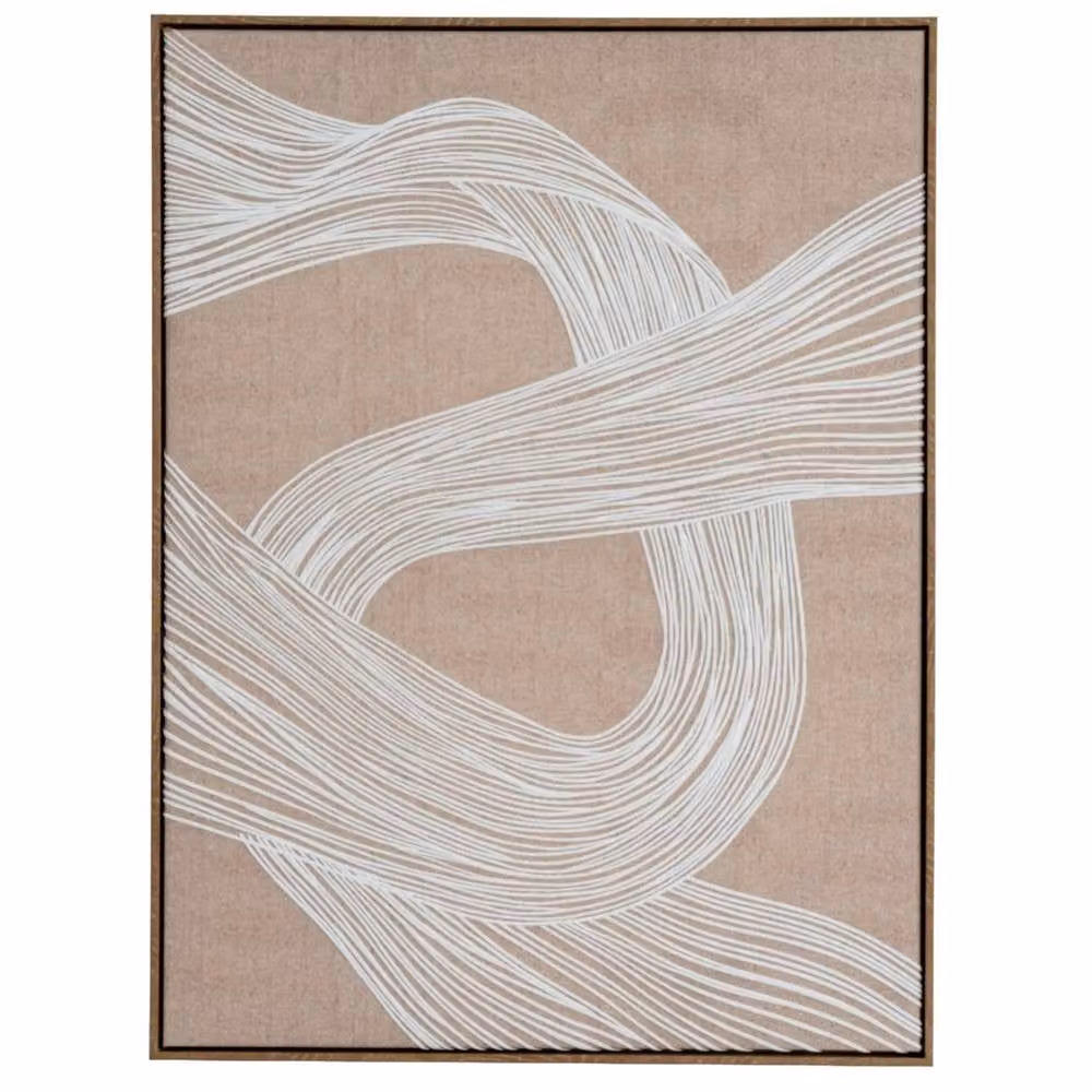 Wyld Haus Naousa Coastal White, Beige and Cream Abstract Line Art Framed Canvas Print in a Brown Wood Frame – 2