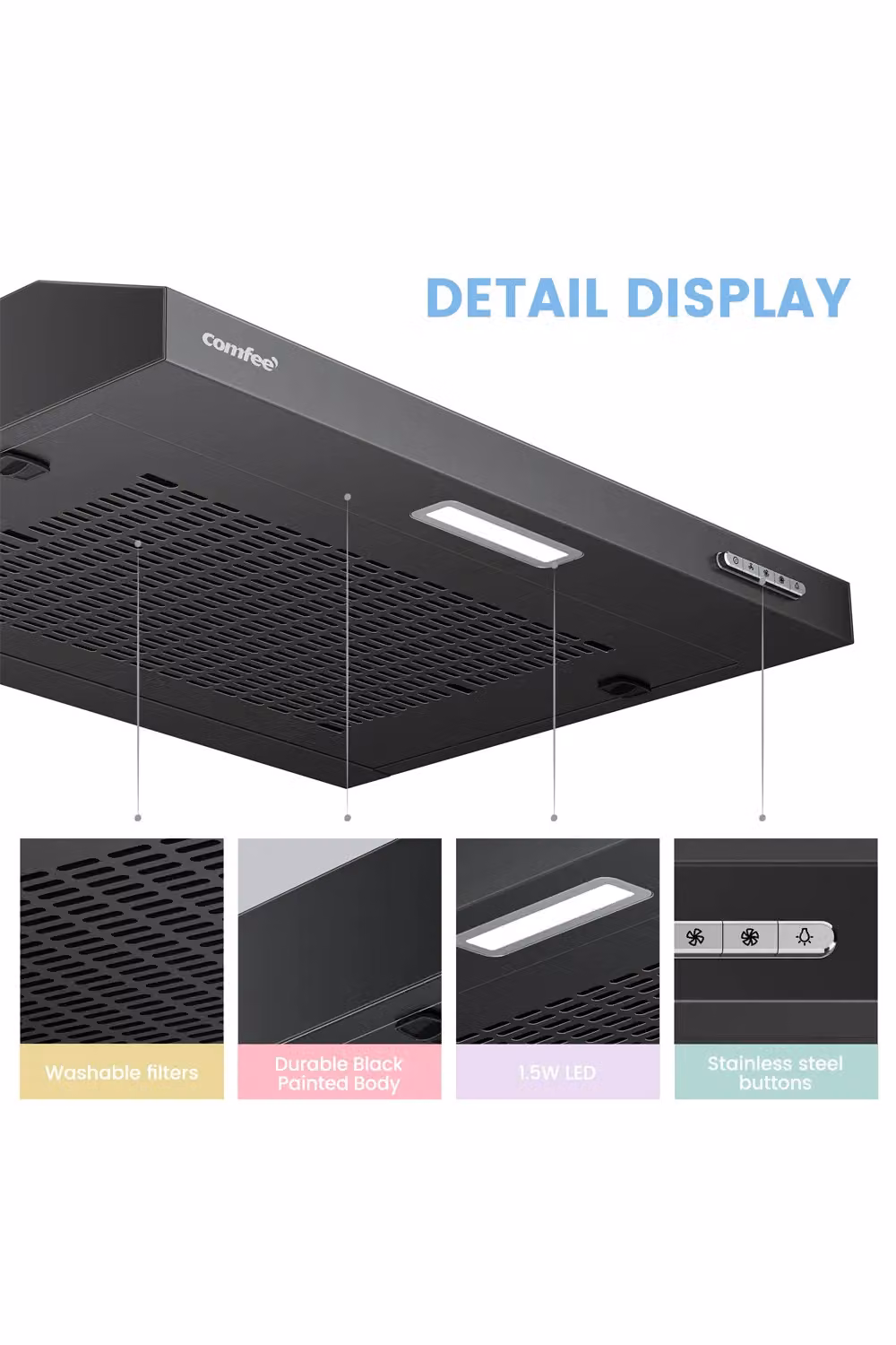 Living and Home 60cm Visor Cooker Hood in Black, Under Cabinet or Wall Mounted Extractor with LED – 4