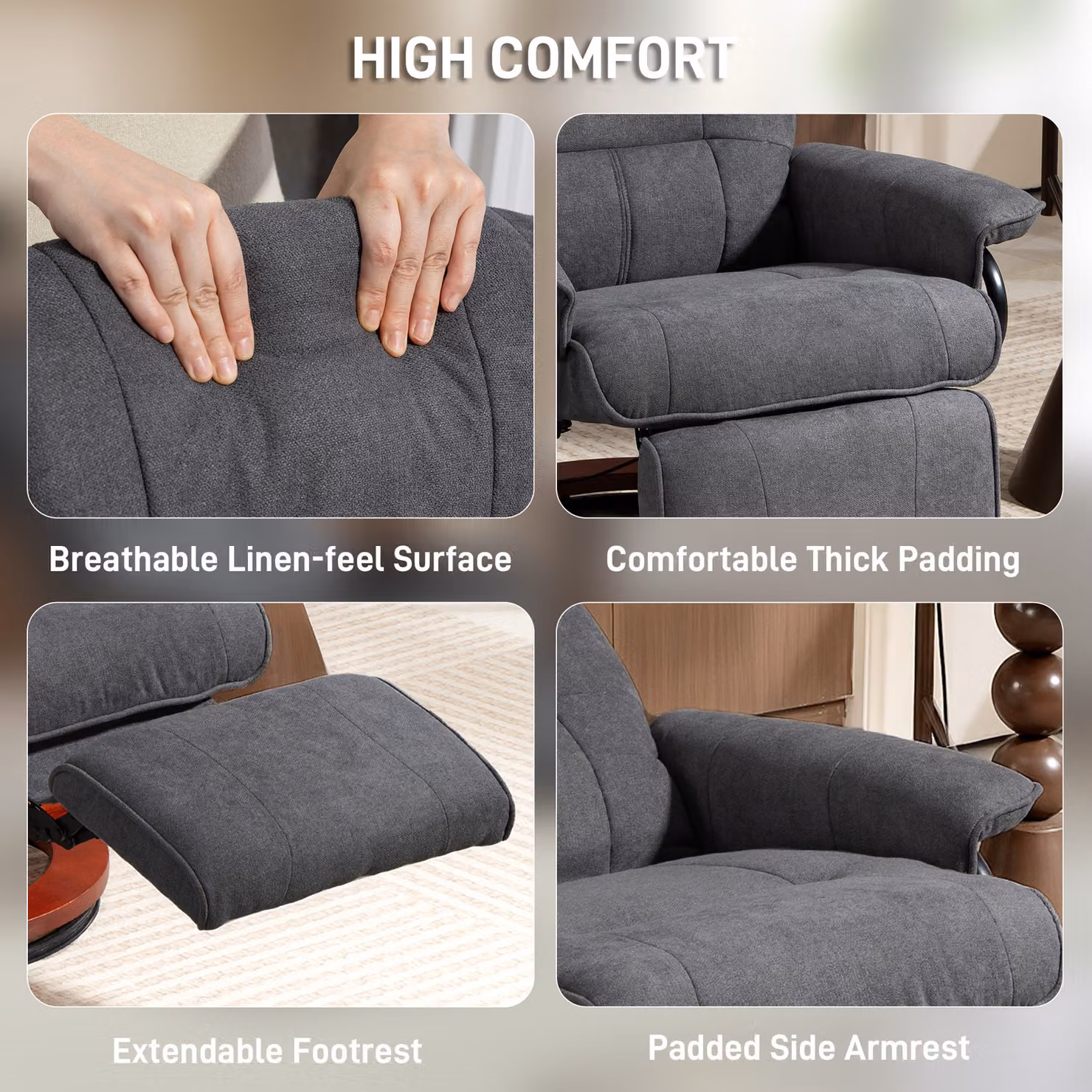 HOMCOM Grey Fabric Reclining Swivel Chair with Footrest and Armrests – 5